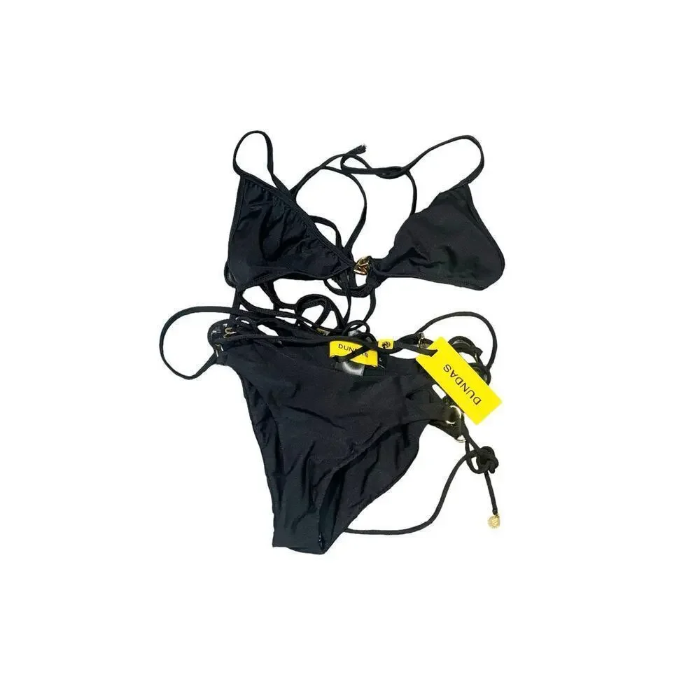 Dundas Josephine Women's Black Gold Accents Swim Bikini Set Size L NWT
